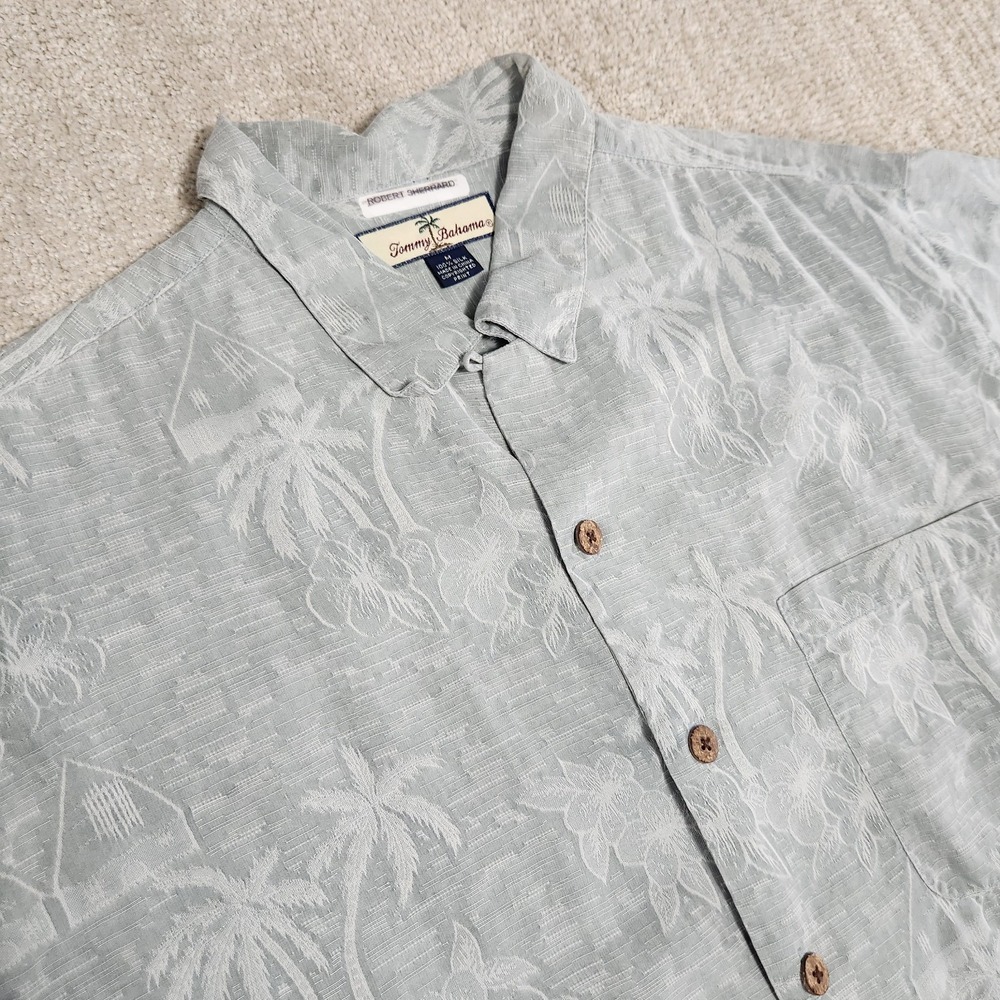 Tommy Bahama Shirt Men Medium Jacquard Floral Loop Collar Button Up Silk Green